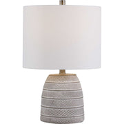 Salt & Light Light Beige Linen Drum Shade With White Etched Concrete Base Table Lamp