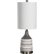 Salt & Light White Linen Drum Shade With Charcoal, White and Tan Ceramic Base Table Lamp