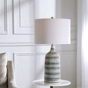 Salt & Light White Linen Drum Shade with Blue and White Textured Ceramic Base Table Lamp