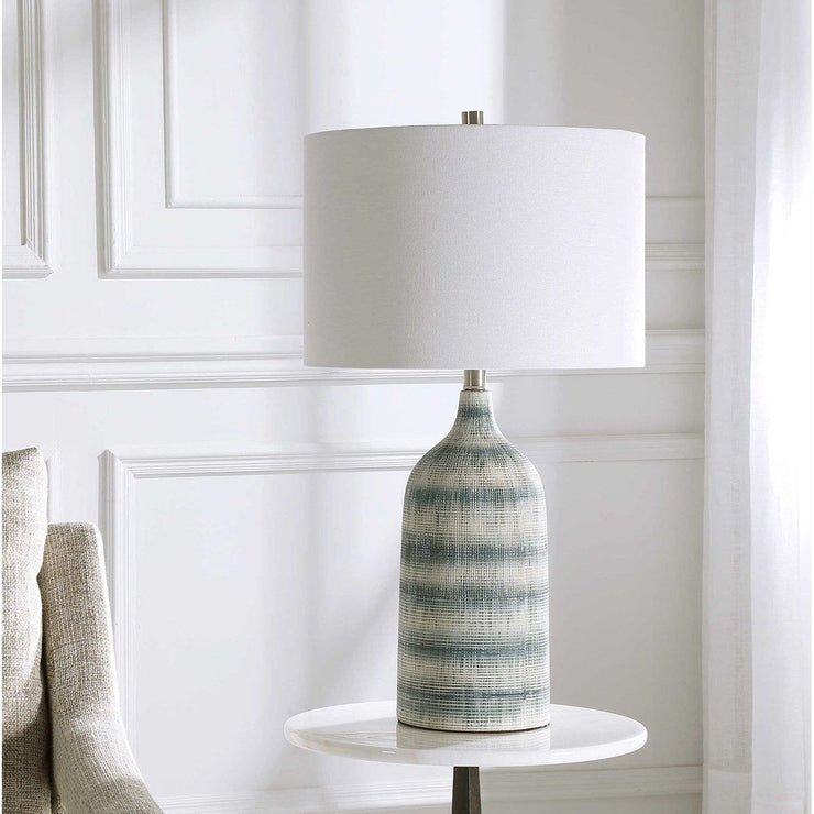 Salt & Light White Linen Drum Shade with Blue and White Textured Ceramic Base Table Lamp