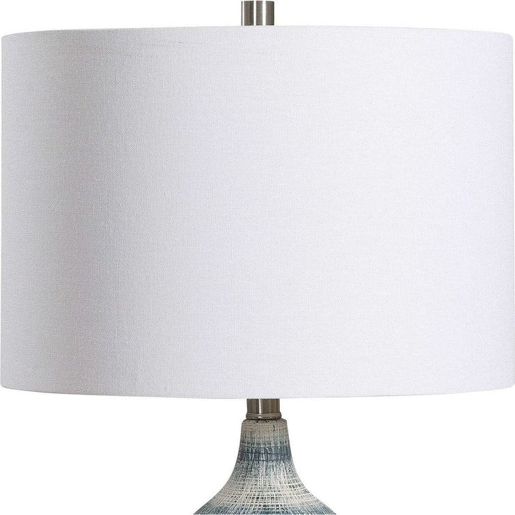 Salt & Light White Linen Drum Shade with Blue and White Textured Ceramic Base Table Lamp
