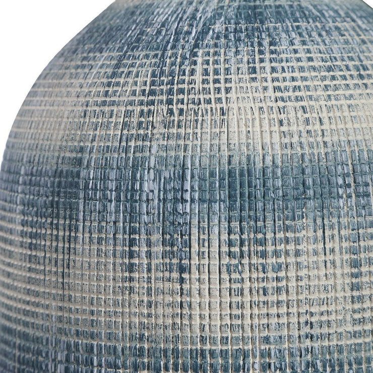 Casa Bella Living White Linen Drum Shade with Blue and White Textured Ceramic Base Table Lamp