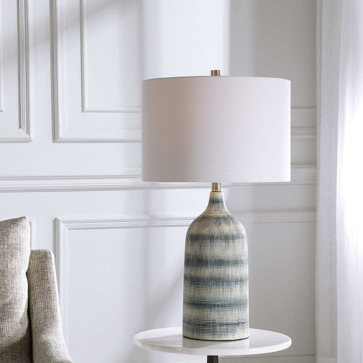 Casa Bella Living White Linen Drum Shade with Blue and White Textured Ceramic Base Table Lamp