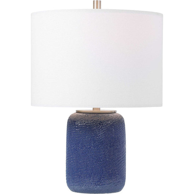Salt & Light Off White Linen Drum Shade with Cobalt Blue Textured Ceramic Base Table Lamp