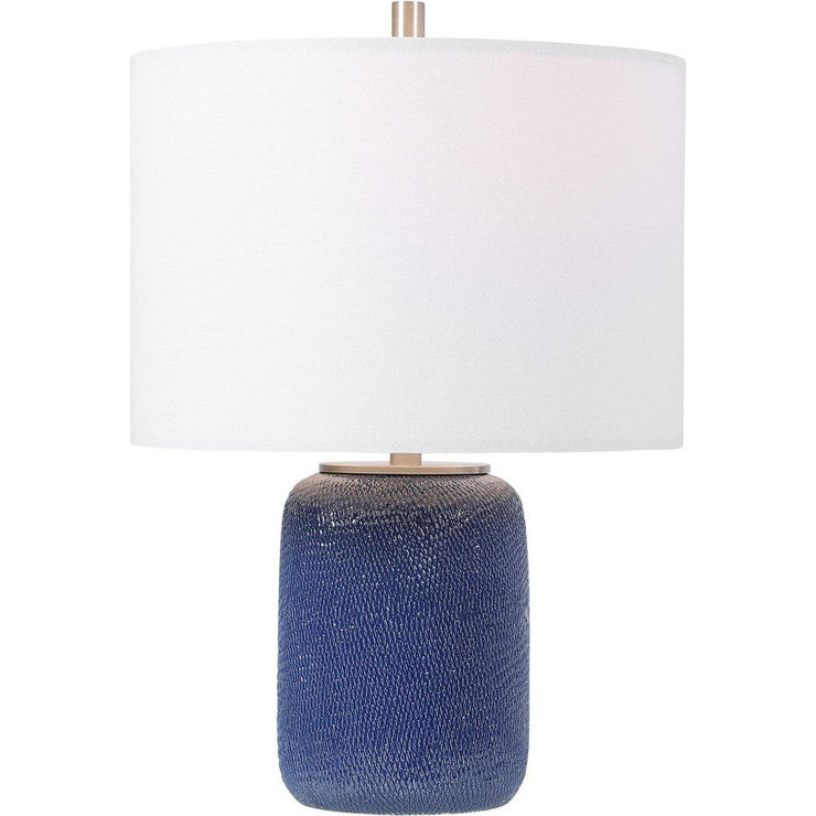 Salt & Light Off White Linen Drum Shade with Cobalt Blue Textured Ceramic Base Table Lamp