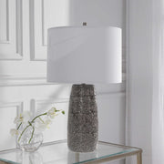 Salt & Light White Linen Drum Shade with Black and White Textured Ceramic Base Table Lamp