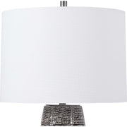 Salt & Light White Linen Drum Shade with Black and White Textured Ceramic Base Table Lamp