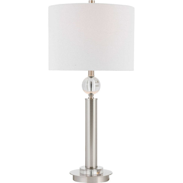 Salt & Light White Line Shade With Crystal and Brushed Nickel Base Table Lamp