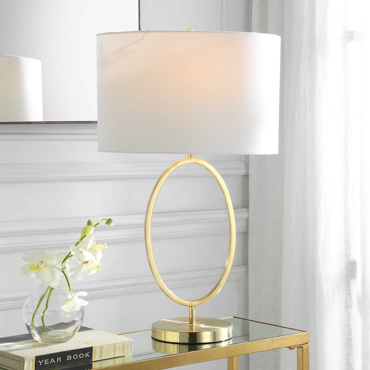 Casa Bella Living White Linen Oval Shade with Golden Brass Metal Base Table Lamp