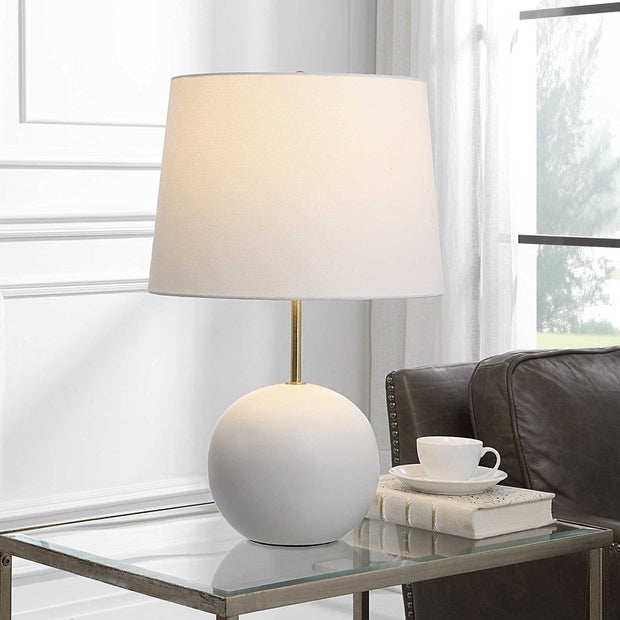 Salt & Light White Linen Shade with White Ceramic Sphere Base Table Lamp