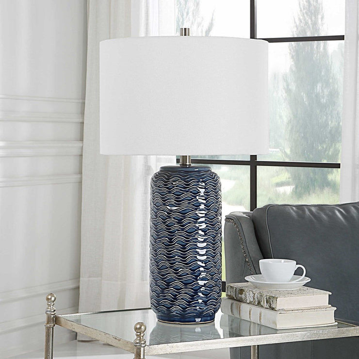 Salt & Light White Linen Shade with Blue Textured Ceramic Base Table Lamp