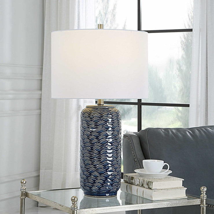 Salt & Light White Linen Shade with Blue Textured Ceramic Base Table Lamp