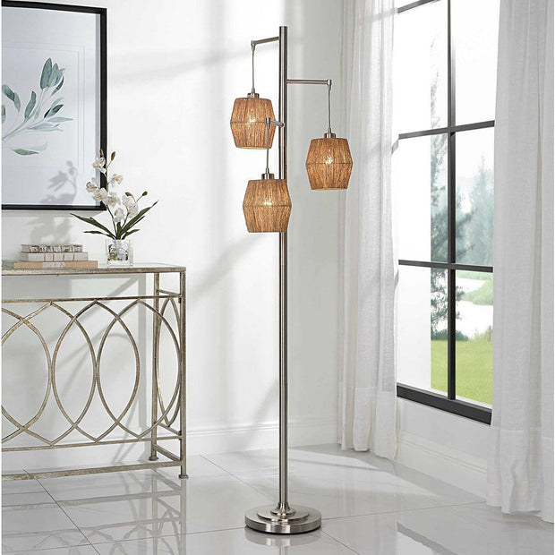 Casa Bella Living Rope Drum Shades with Brushed Nickel Base Modern Floor Lamp