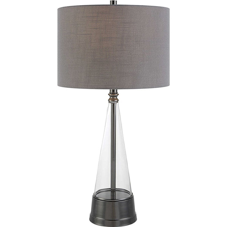 Salt & Light Gray Linen Shade with Glass and Dark Nickel Metal Base Table Lamp