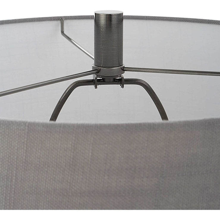 Salt & Light Gray Linen Shade with Glass and Dark Nickel Metal Base Table Lamp