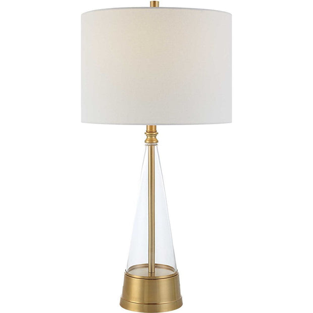 Salt & Light White Linen Shade with Antique Brass Metal and Glass Base Table Lamp