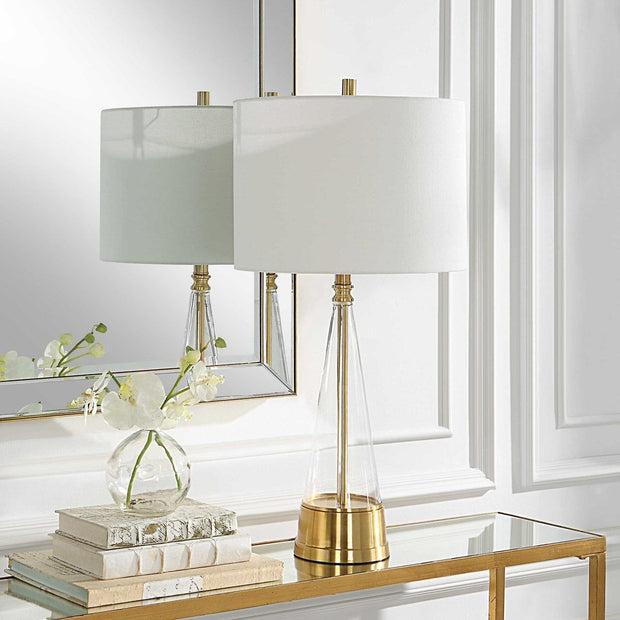 Salt & Light White Linen Shade with Antique Brass Metal and Glass Base Table Lamp