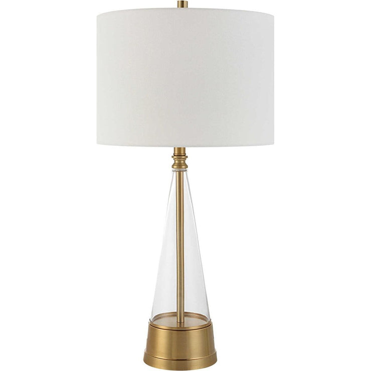 Salt & Light White Linen Shade with Antique Brass Metal and Glass Base Table Lamp