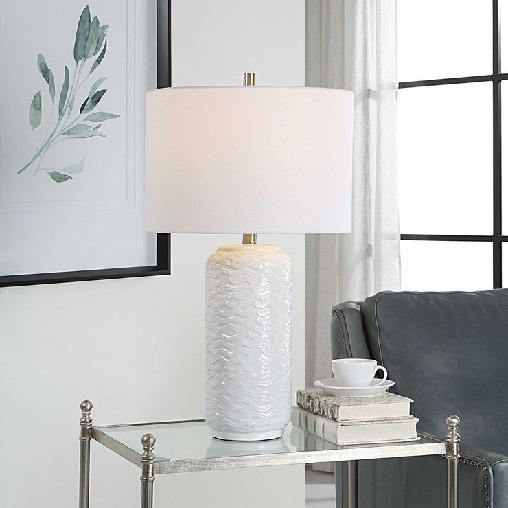 Salt & Light White Linen Shade with Textured White Ceramic Base Table Lamp
