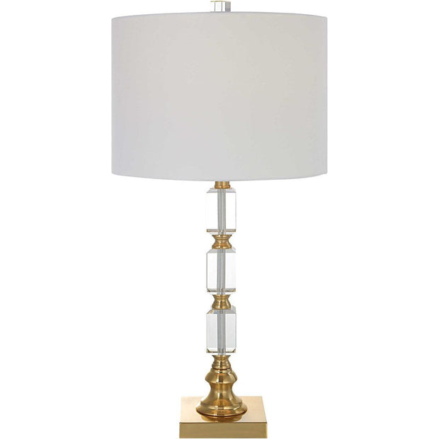 Casa Bella Living White Linen Shade with Stacked Crystal and Brass Base Table Lamp
