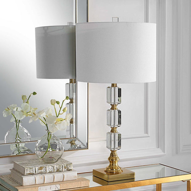 Salt & Light White Linen Shade with Stacked Crystal and Brass Base Table Lamp