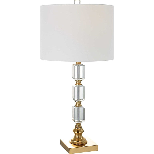 Salt & Light White Linen Shade with Stacked Crystal and Brass Base Table Lamp