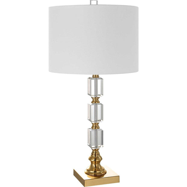 Salt & Light White Linen Shade with Stacked Crystal and Brass Base Table Lamp