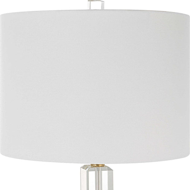 Salt & Light White Linen Shade with Stacked Crystal and Brass Base Table Lamp