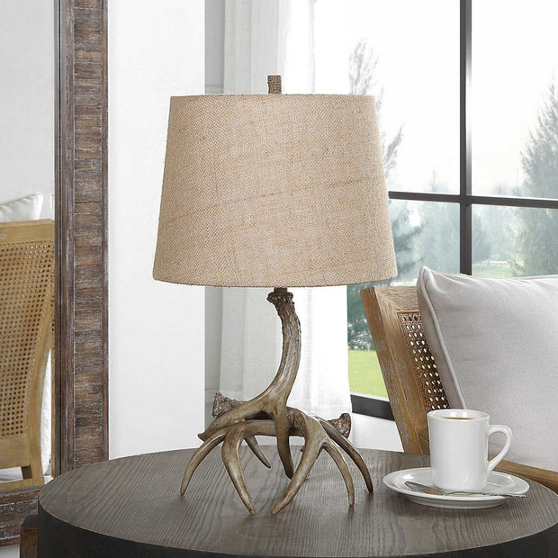 Salt & Light Burlap Shade with Rustic Antlers Base Table Lamp