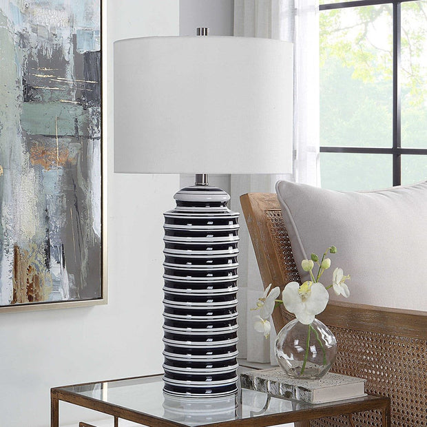 Salt & Light White Linen Shade with Navy and Gloss White Ceramic Base Table Lamp