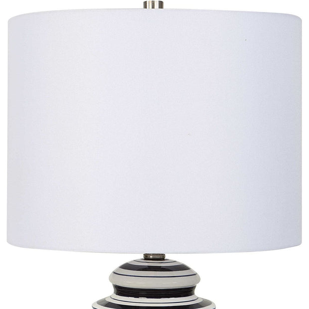 Salt & Light White Linen Shade with Navy and Gloss White Ceramic Base Table Lamp