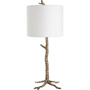 Salt & Light Soft White Linen Drum Shade with Antique Gold Branch Base Table Lamp