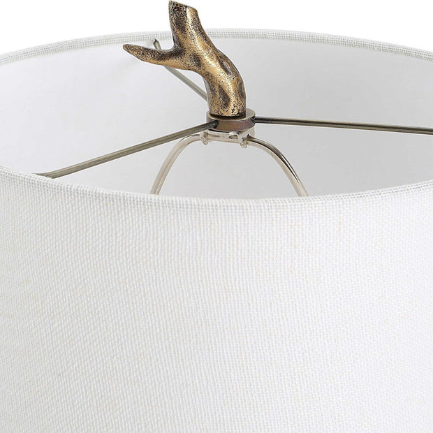 Salt & Light Soft White Linen Drum Shade with Antique Gold Branch Base Table Lamp
