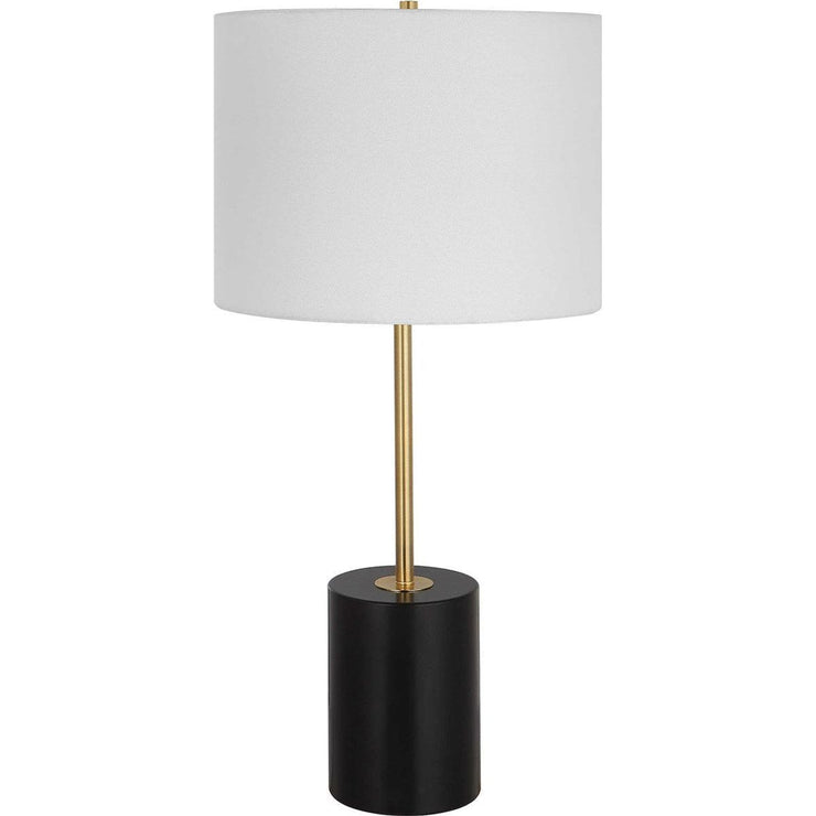 Salt & Light White Linen Shade with Matte Black Metal Base and Gold Accents Table Lamp