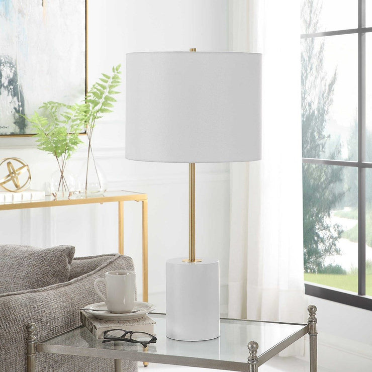 Salt & Light White Linen Shade With White Metal Base and Gold Accents Table Lamp