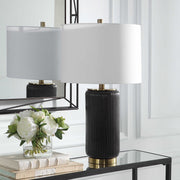Salt & Light White Linen Shade with Black Textured Ceramic Base Table Lamp