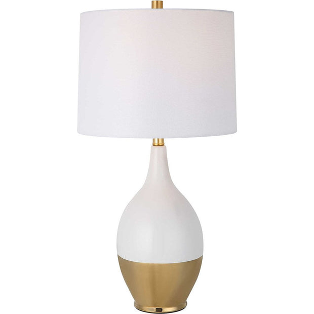 Salt & Light White Linen Shade With Gloss White and Rich Gold Base Table Lamp