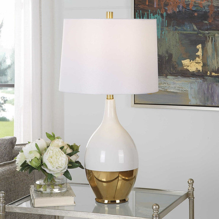 Salt & Light White Linen Shade With Gloss White and Rich Gold Base Table Lamp