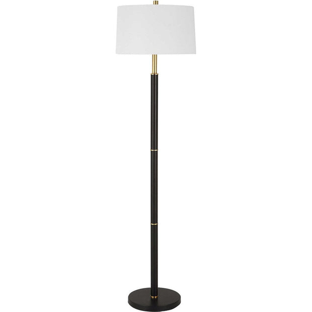 Salt & Light White Linen Shade with Gold Rings and Black Metal Base Modern Floor Lamp