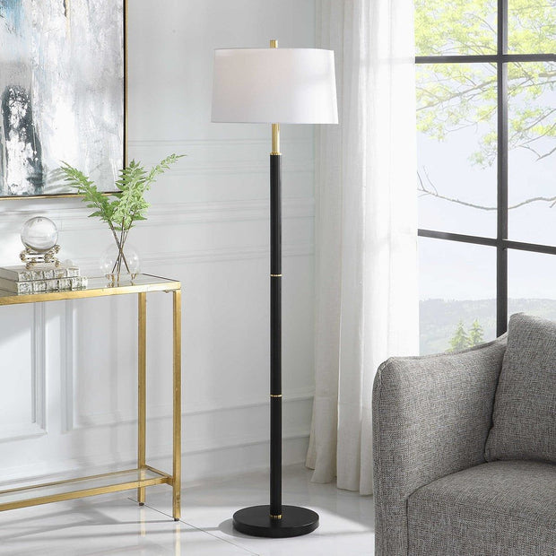 Salt & Light White Linen Shade with Gold Rings and Black Metal Base Modern Floor Lamp