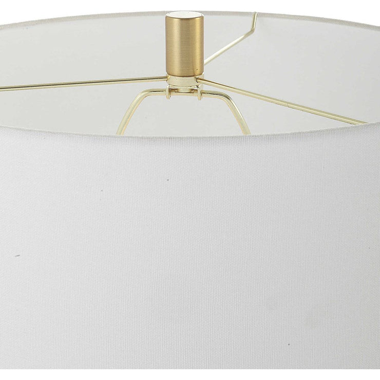 Salt & Light White Linen Shade with Gold Rings and Black Metal Base Modern Floor Lamp
