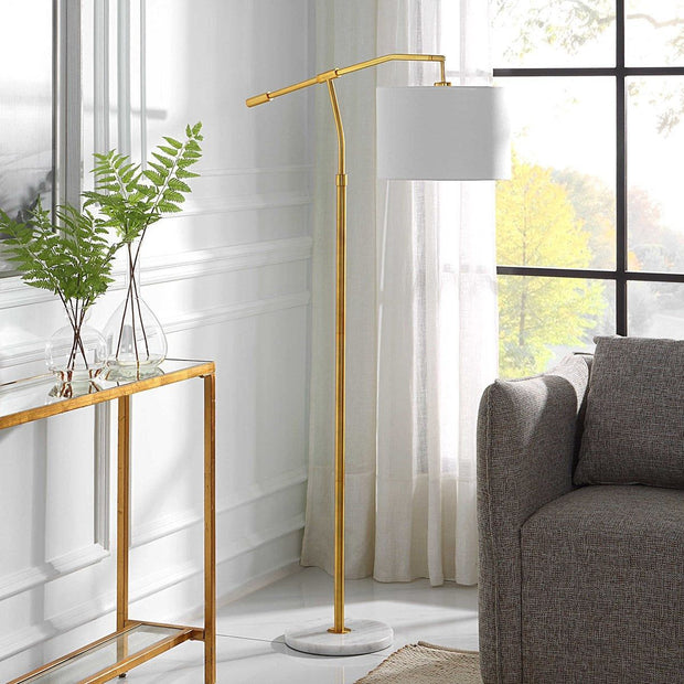 Casa Bella Living White Linen Shade with Gold and White Marble Base Modern Floor Lamp