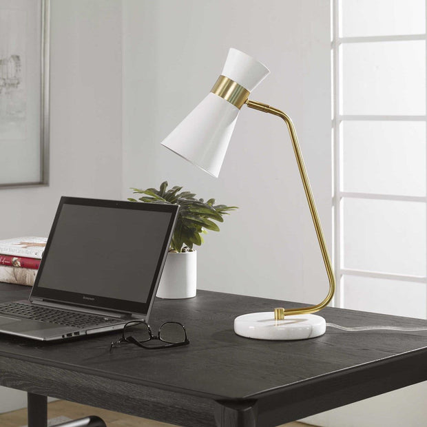 Salt & Light White Metal Cone Shade with Gold and White Marble Base Modern Desk Lamp