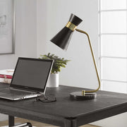 Salt & Light Black Metal Cone Shade with Black and Black Marble Base Modern Desk Lamp