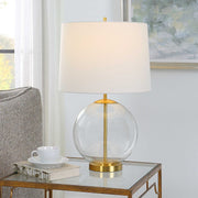 Casa Bella Living White Linen Shade with Glass and Gold Base Table Lamp