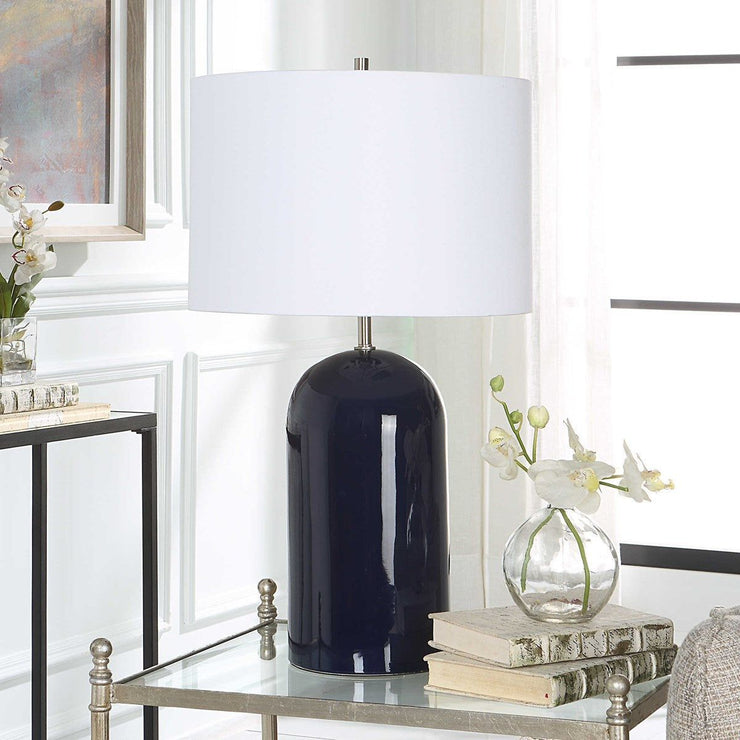 Salt & Light White Linen Shade with Navy Blue Ceramic Base Table Lamp