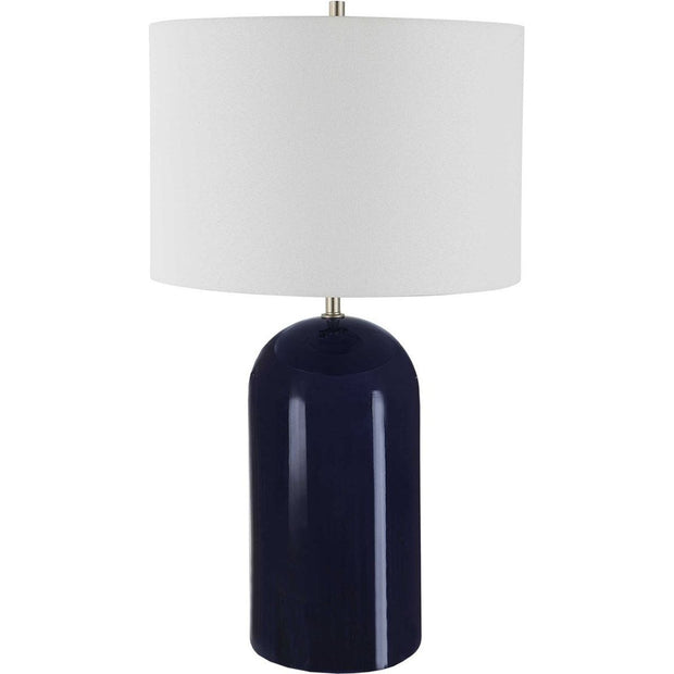 Salt & Light White Linen Shade with Navy Blue Ceramic Base Table Lamp