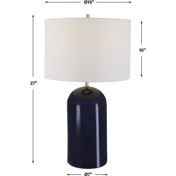 Salt & Light White Linen Shade with Navy Blue Ceramic Base Table Lamp