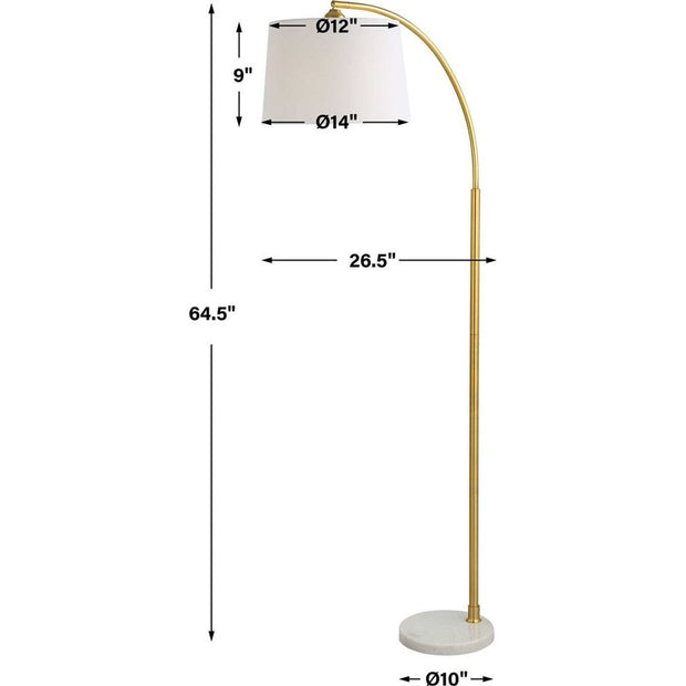 Salt & Light White Linen Shade With Gold Metal and White Marble Base Adjustable Modern Arc Floor Lamp