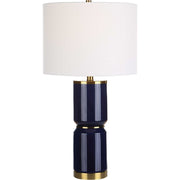 Salt & Light White Linen Shade with Royal Blue and Gold Ceramic Base Table Lamp